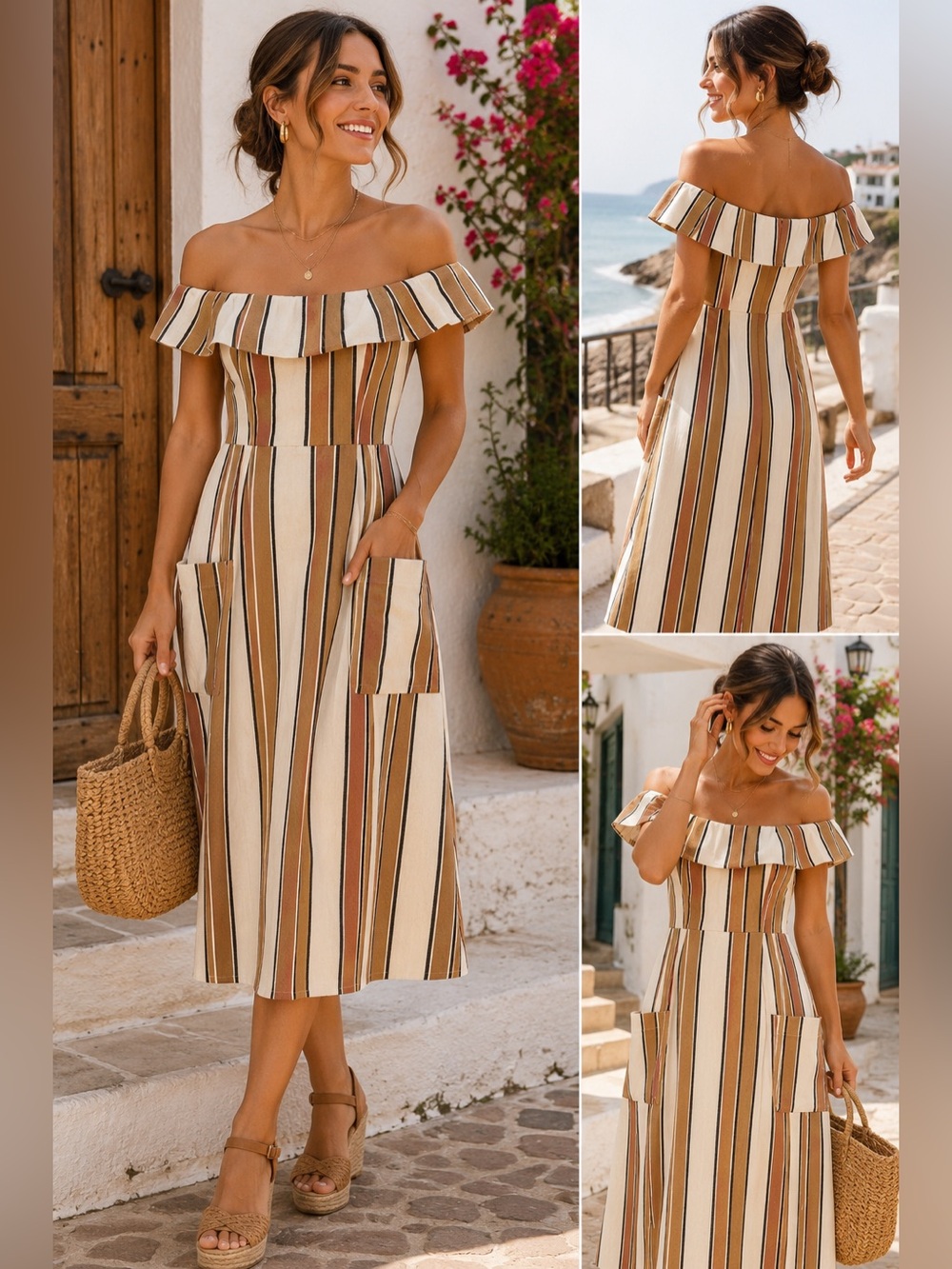 ASOS Off Shoulder Stripe Sundress Size 4 Retro Boho‎ Natural Fiber Pockets